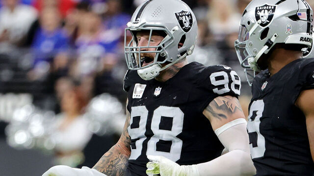 LAS VEGAS, NEVADA - NOVEMBER 05: Maxx Crosby #98 of the Las Vegas Raiders reacts after a sack in the first quarter of a game against the New York Giants at Allegiant Stadium on November 05, 2023 in Las Vegas, Nevada.