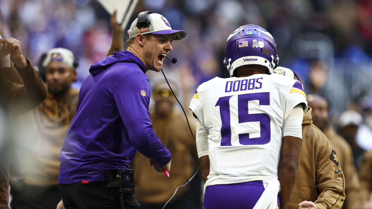 ATLANTA, GA - NOVEMBER 5: Head coach Kevin O'Connell of the Minnesota Vikings celebrates with Joshua Dobbs #15 after a successful two-point conversion during the third quarter of an NFL football game against the Atlanta Falcons at Mercedes-Benz Stadium on November 5, 2023 in Atlanta, Georgia.