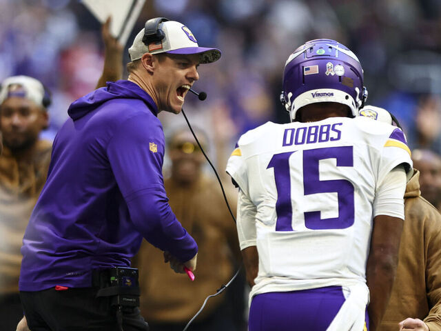 ATLANTA, GA - NOVEMBER 5: Head coach Kevin O'Connell of the Minnesota Vikings celebrates with Joshua Dobbs #15 after a successful two-point conversion during the third quarter of an NFL football game against the Atlanta Falcons at Mercedes-Benz Stadium on November 5, 2023 in Atlanta, Georgia.