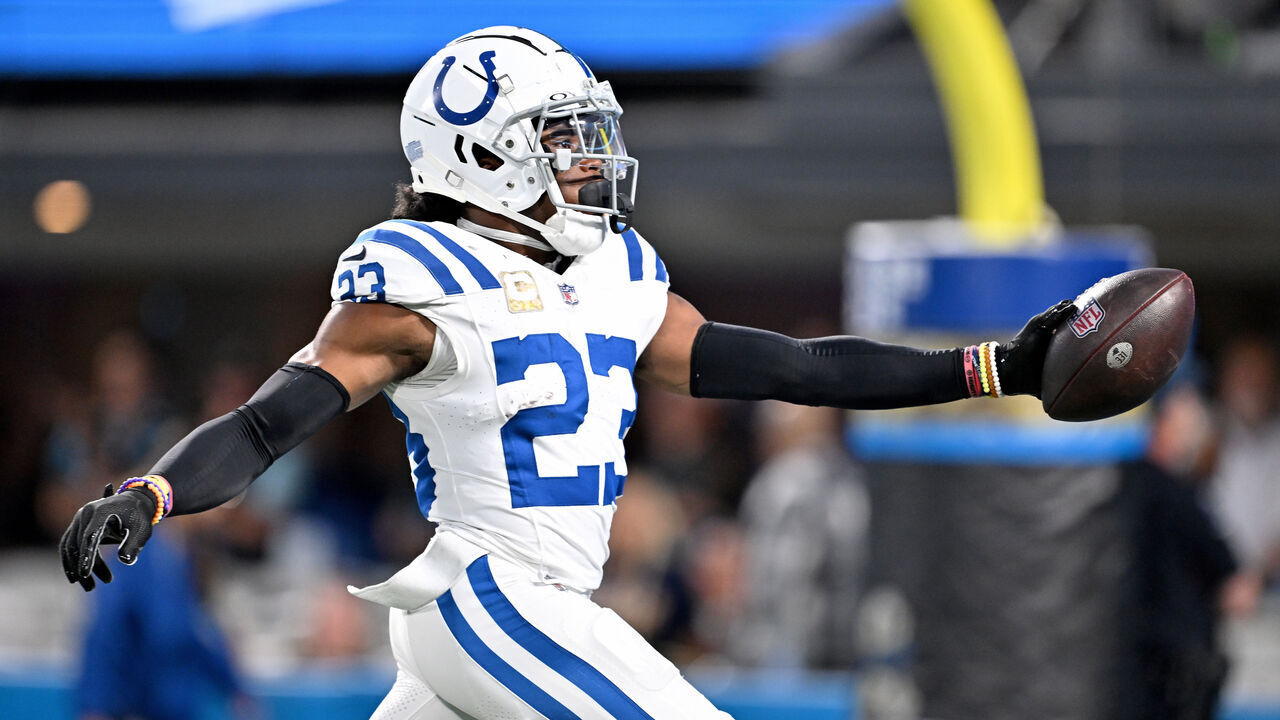 CHARLOTTE, NORTH CAROLINA - NOVEMBER 05: Kenny Moore II #23 of the Indianapolis Colts celebrates after intercepting a pass and scoring a touchdown during the second quarter of the game against the Carolina Panthers at Bank of America Stadium on November 05, 2023 in Charlotte, North Carolina.