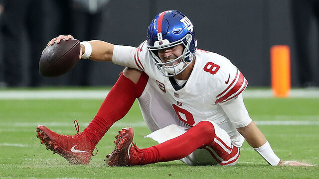 LAS VEGAS, NEVADA - NOVEMBER 05: Daniel Jones #8 of the New York Giants reacts after falling down in the first quarter of a game against the Las Vegas Raiders at Allegiant Stadium on November 05, 2023 in Las Vegas, Nevada.