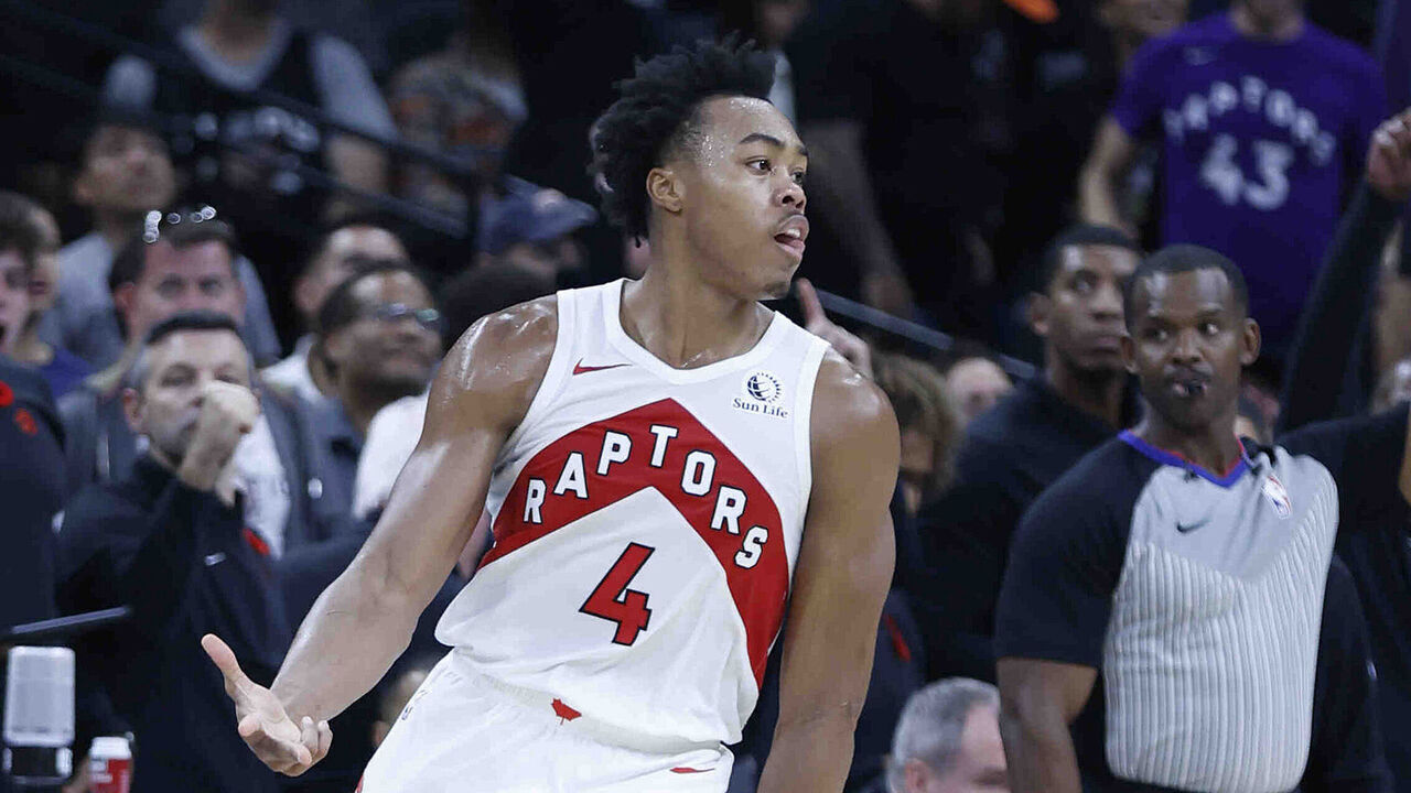 SAN ANTONIO, TX - NOVEMBER 5: Scottie Barnes #4 of the Toronto Raptors reacts after hitting a three against the San Antonio Spurs in the second first half at Frost Bank Center on November 5, 2023 in San Antonio, Texas. NOTE TO USER: User expressly acknowledges and agrees that, by downloading and or using this photograph, User is consenting to terms and conditions of the Getty Images License Agreement.