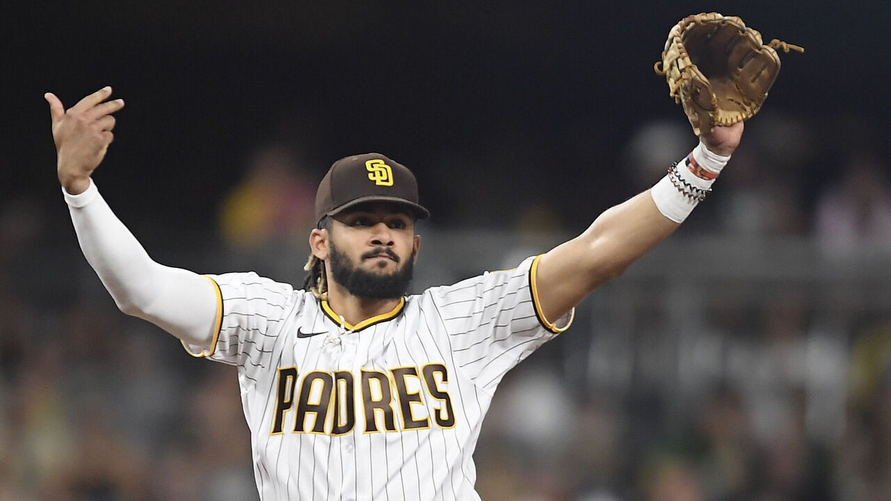 SAN DIEGO, CA - JULY 27: Fernando Tatis Jr. #23 of the San Diego Padres celebrates after Eric Hosmer made a diving catch in the fifth inning against the Oakland Athletics at Petco Park on July 27, 2021 in San Diego, California.