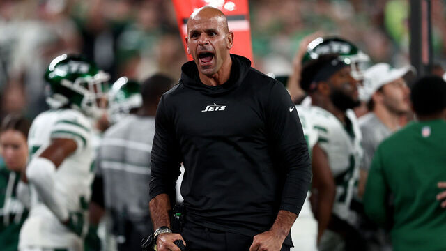 EAST RUTHERFORD, NEW JERSEY - OCTOBER 01: Head coach Robert Saleh of the New York Jets reacts against the Kansas City Chiefs during the fourth quarter in the game at MetLife Stadium on October 01, 2023 in East Rutherford, New Jersey.