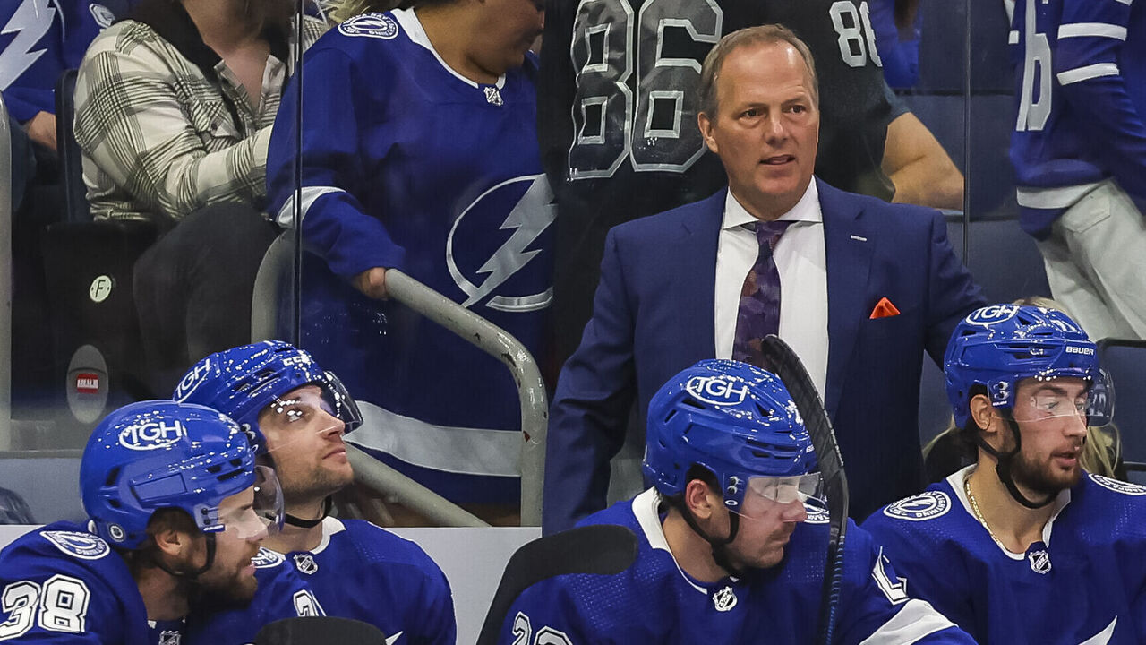 TAMPA, FL - OCTOBER 21: Head Coach Jon Cooper of the Tampa Bay Lightning against the Toronto Maple Leafs during the second period at Amalie Arena on October 21, 2023 in Tampa, Florida.