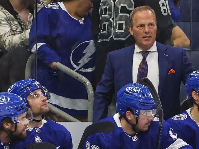 TAMPA, FL - OCTOBER 21: Head Coach Jon Cooper of the Tampa Bay Lightning against the Toronto Maple Leafs during the second period at Amalie Arena on October 21, 2023 in Tampa, Florida.