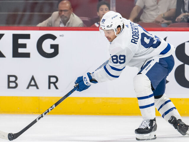 MONTREAL, QC - SEPTEMBER 30: Nicholas Robertson (89) of the Toronto Maple Leafs skates with the puck during the first period of the NHL pre-season game between the Toronto Maple Leafs and the Montreal Canadiens on September 30, 2023, at the Bell Centre in Montreal, QC