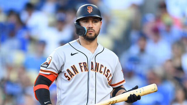 LOS ANGELES, CA - SEPTEMBER 21: San Francisco Giants left fielder Michael Conforto (8) looks on during the MLB game between the San Francisco Giants and the Los Angeles Dodgers on September 24, 2023 at Dodger Stadium in Los Angeles, CA.