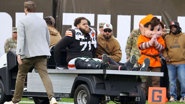 CLEVELAND, OH - NOVEMBER 05: Cleveland Browns offensive tackle Jedrick Wills Jr. (71) leaves the field on a cart after injuring his knee during the third quarter of the National Football League game between the Arizona Cardinals and Cleveland Browns on November 5, 2023, at Cleveland Browns Stadium in Cleveland, OH.