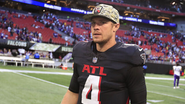 ATLANTA, GA - NOVEMBER 05: Atlanta Falcons starting quarterback Taylor Heinicke (4) looks on after the week 9 Sunday afternoon NFL football game between the Atlanta Falcons and the Minnesota Vikings on November 5, 2023 at the Mercedes-Benz Stadium in Atlanta, Georgia.