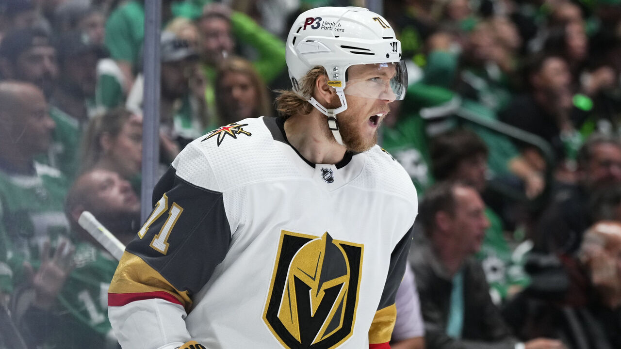 DALLAS, TEXAS - MAY 29: William Karlsson #71 of the Vegas Golden Knights celebrates after scoring a goal during the first period against the Dallas Stars in Game Six of the Western Conference Final of the 2023 Stanley Cup Playoffs at American Airlines Center on May 29, 2023 in Dallas, Texas.