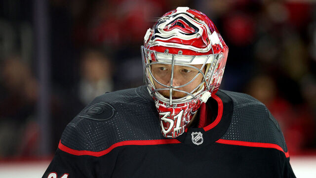 RALEIGH, NORTH CAROLINA - OCTOBER 11: Frederik Andersen #31 of the Carolina Hurricanes looks on prior to their game against the Ottawa Senators at PNC Arena on October 11, 2023 in Raleigh, North Carolina.