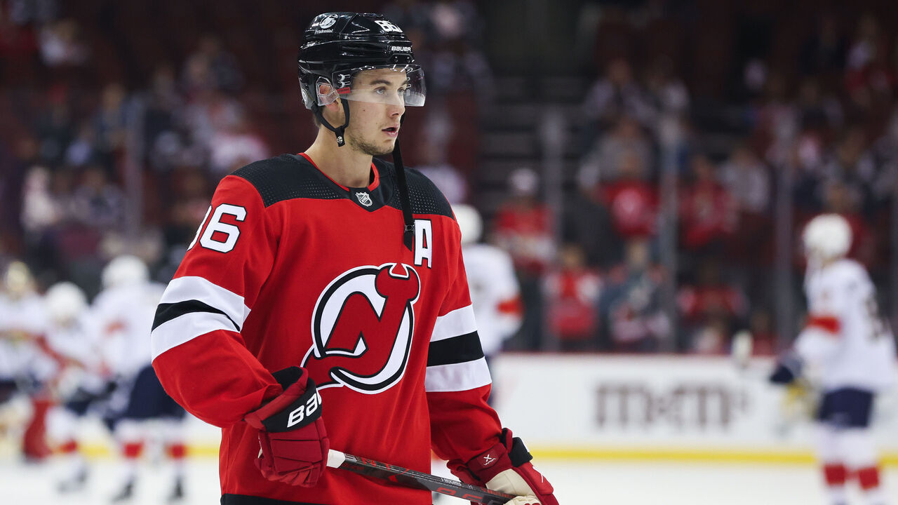 NEWARK, NJ - OCTOBER 16: New Jersey Devils center Jack Hughes (86) warms up before a game between the Florida Panthers and New Jersey Devils on October 16, 2023 at Prudential Center in the Newark, New Jersey.