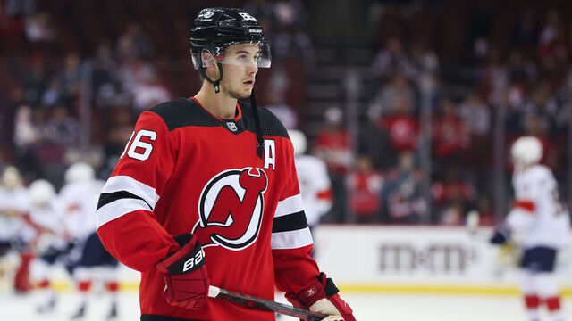 NEWARK, NJ - OCTOBER 16: New Jersey Devils center Jack Hughes (86) warms up before a game between the Florida Panthers and New Jersey Devils on October 16, 2023 at Prudential Center in the Newark, New Jersey.