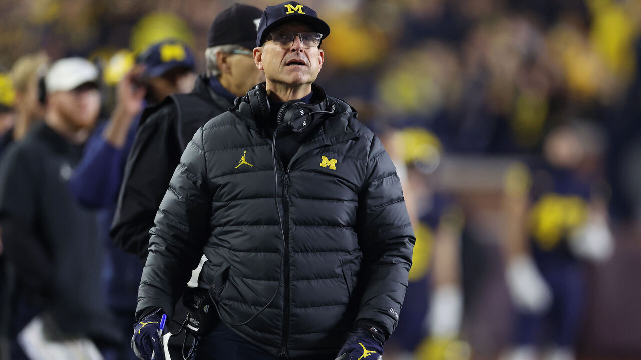 ANN ARBOR, MICHIGAN - NOVEMBER 04: Head coach Jim Harbaugh of the Michigan Wolverines looks on in the first half while playing the Purdue Boilermakers at Michigan Stadium on November 04, 2023 in Ann Arbor, Michigan.