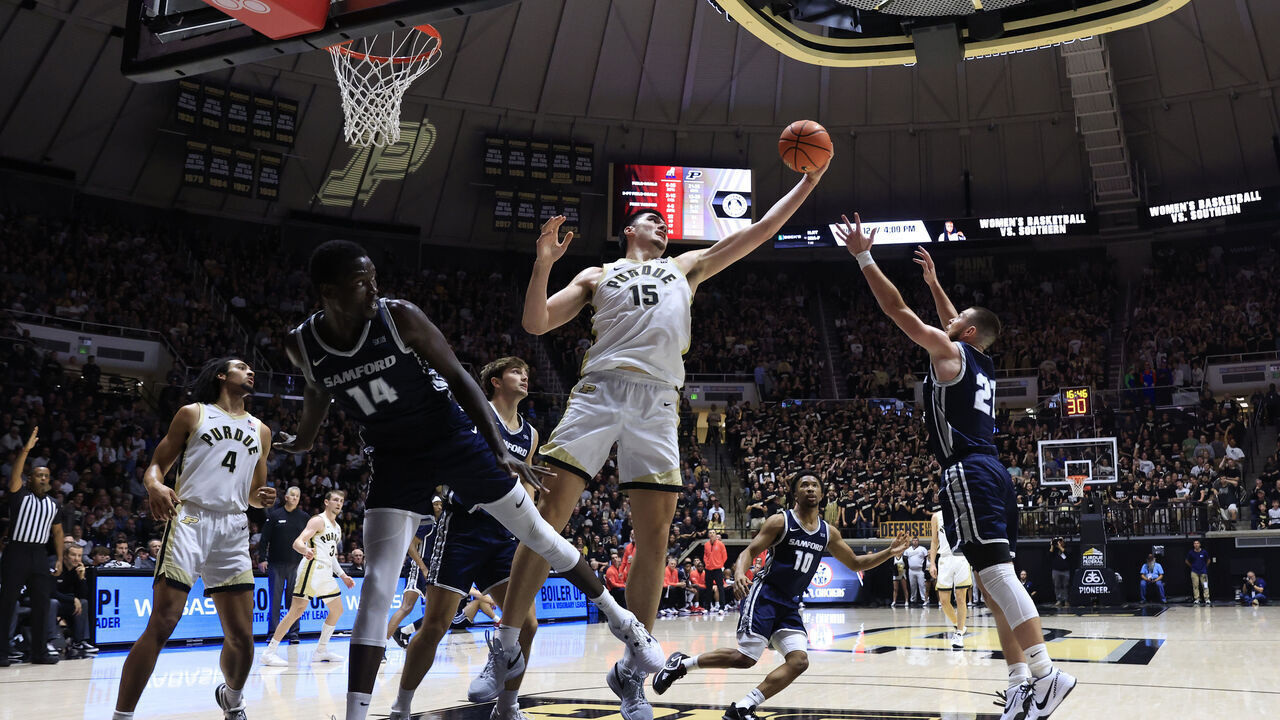 WEST LAFAYETTE, INDIANA - NOVEMBER 06: Zach Edey #15 of the Purdue Boilermakers rebounds the ball during the second half in the game against the Samford Bulldogs at Mackey Arena on November 06, 2023 in West Lafayette, Indiana.