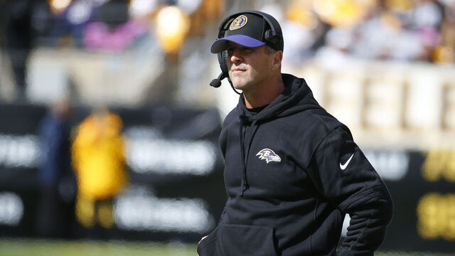 PITTSBURGH, PA - OCTOBER 08: John Harbaugh of the Baltimore Ravens in action against the Pittsburgh Steelers on October 8, 2023 at Acrisure Stadium in Pittsburgh, Pennsylvania.