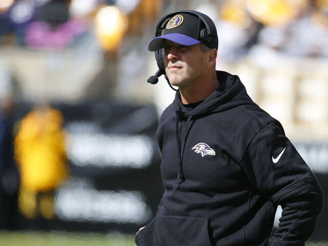PITTSBURGH, PA - OCTOBER 08: John Harbaugh of the Baltimore Ravens in action against the Pittsburgh Steelers on October 8, 2023 at Acrisure Stadium in Pittsburgh, Pennsylvania.