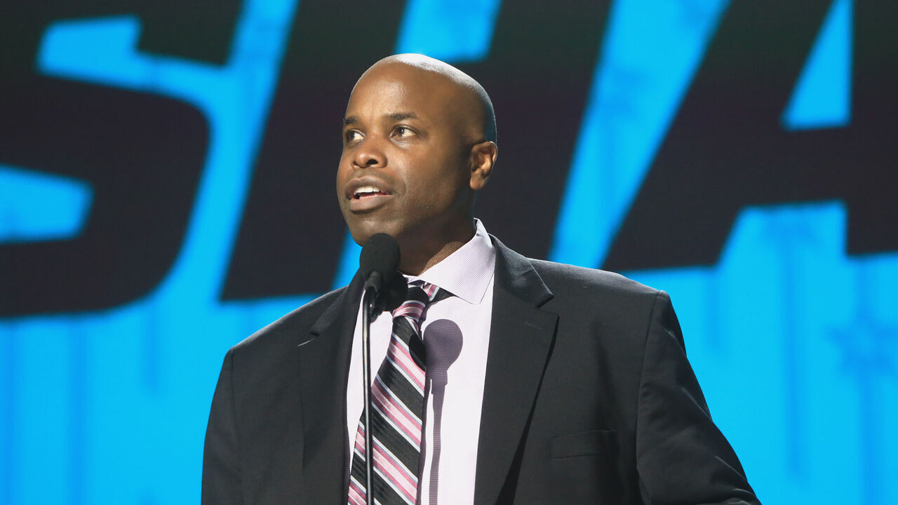 NASHVILLE, TN - JUNE 28: Mike Grier of the San Jose Sharks is shown during the first round of the 2023 Upper Deck NHL Draft, held on June 28, 2023, at Bridgestone Arena in Nashville, Tennessee.