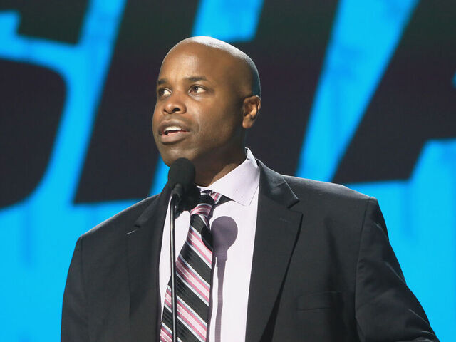 NASHVILLE, TN - JUNE 28: Mike Grier of the San Jose Sharks is shown during the first round of the 2023 Upper Deck NHL Draft, held on June 28, 2023, at Bridgestone Arena in Nashville, Tennessee.