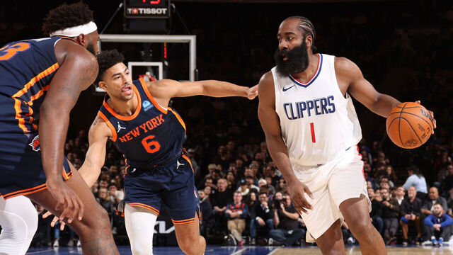 NEW YORK, NY - NOVEMBER 6: James Harden #1 of the LA Clippers dribbles the ball during the game against the New York Knicks on November 6, 2023 at Madison Square Garden in New York, NY. Mandatory Copyright Notice: Copyright 2023 NBAE