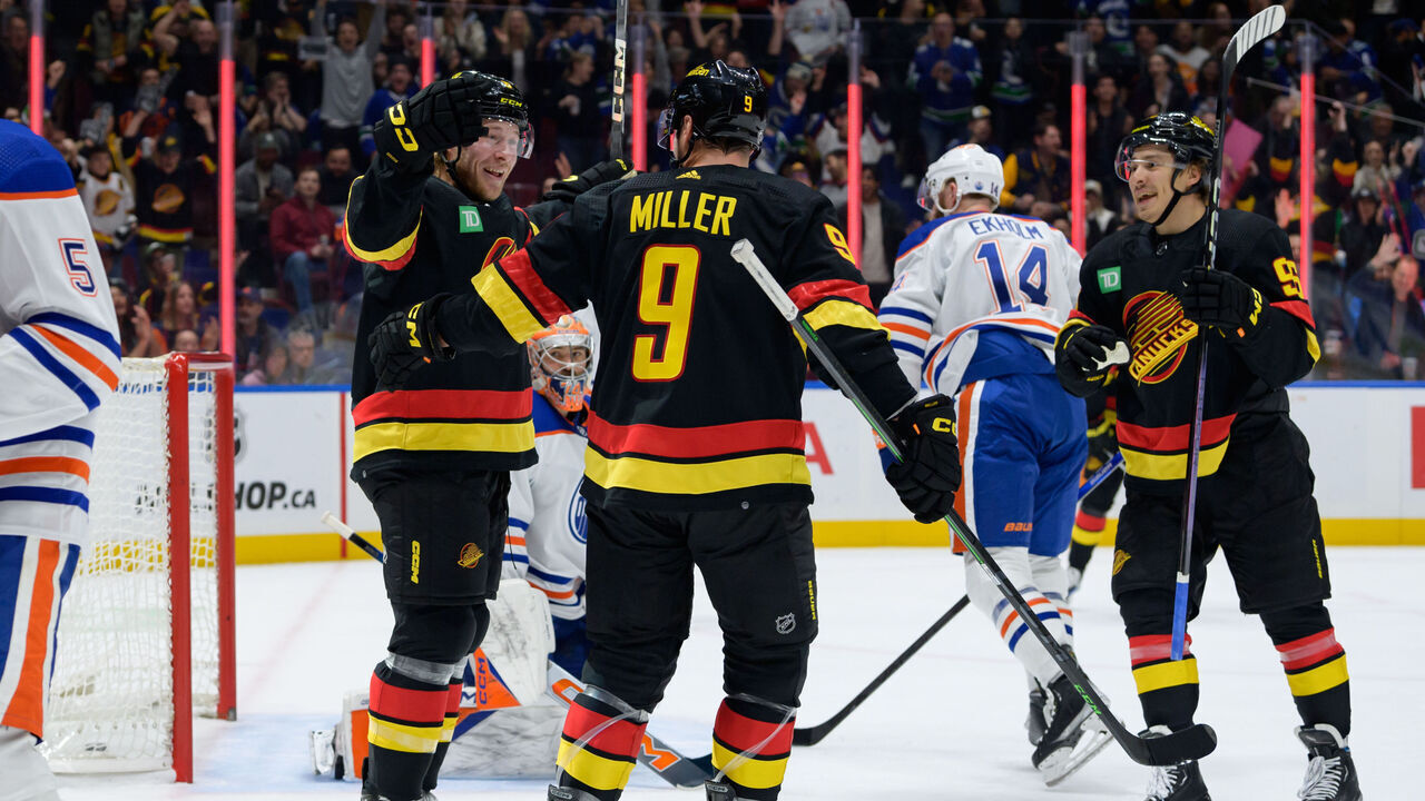 VANCOUVER, CANADA - NOVEMBER 06: Brock Boeser #6 of the Vancouver Canucks is congratulated after scoring a goal against Stuart Skinner #74 of the Edmonton Oilers during the first period of their NHL game at Rogers Arena on November 6, 2023 in Vancouver, British Columbia, Canada.