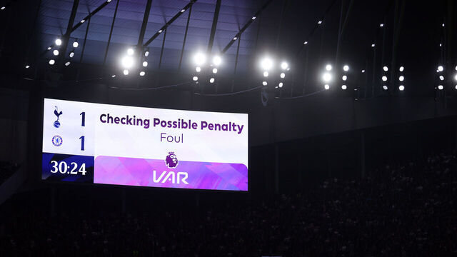 LONDON, ENGLAND - NOVEMBER 06: The LED board shows the VAR check for a possible penalty after a foul by Cristian Romero of Tottenham Hotspur (not pictured), which results in a penalty and a red card during the Premier League match between Tottenham Hotspur and Chelsea FC at Tottenham Hotspur Stadium on November 06, 2023 in London, England.