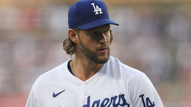 LOS ANGELES, CALIFORNIA - SEPTEMBER 23: Clayton Kershaw #22 of the Los Angeles Dodgers reacts as he leaves the mound at the end of the first inning against the San Francisco Giants at Dodger Stadium on September 23, 2023 in Los Angeles, California.