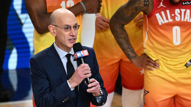 Commissioner of the NBA (National Basketball Association) Adam Silver speaks after the NBA All-Star game between Team Giannis and Team LeBron at the Vivint arena in Salt Lake City, Utah, February 19, 2023.