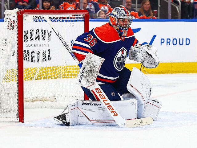 EDMONTON, AB - NOVEMBER 04: Edmonton Oilers Goalie Jack Campbell (36) makes a save in the second period of the Edmonton Oilers game versus the Nashville Predators on November 4, 2023 at Rogers Place in Edmonton, AB.