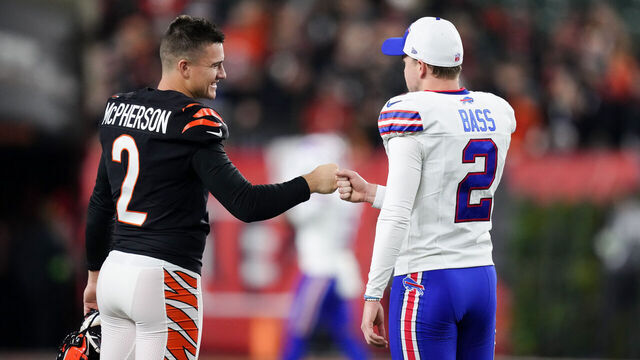 CINCINNATI, OHIO - NOVEMBER 05: Evan McPherson #2 of the Cincinnati Bengals and Tyler Bass #2 of the Buffalo Bills meet before the game at Paycor Stadium on November 05, 2023 in Cincinnati, Ohio.