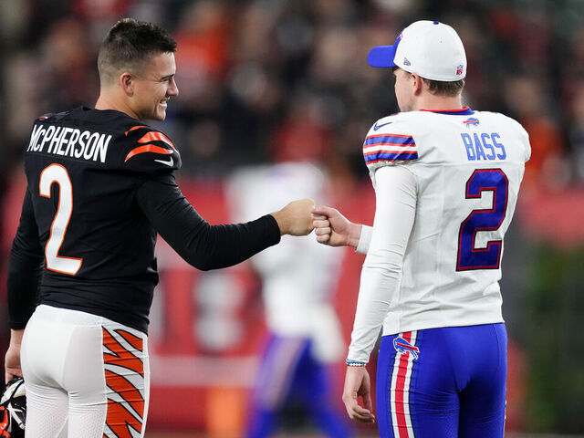 CINCINNATI, OHIO - NOVEMBER 05: Evan McPherson #2 of the Cincinnati Bengals and Tyler Bass #2 of the Buffalo Bills meet before the game at Paycor Stadium on November 05, 2023 in Cincinnati, Ohio.