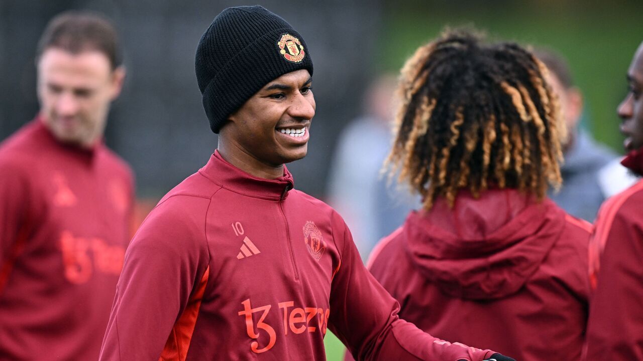 Manchester United's English striker #10 Marcus Rashford smiles as he attends a training session at the Carrington Training Complex in Manchester, north-west England on November 7, 2023 on the eve of their UEFA Champions League Group A football match away against FC Copenhagen.