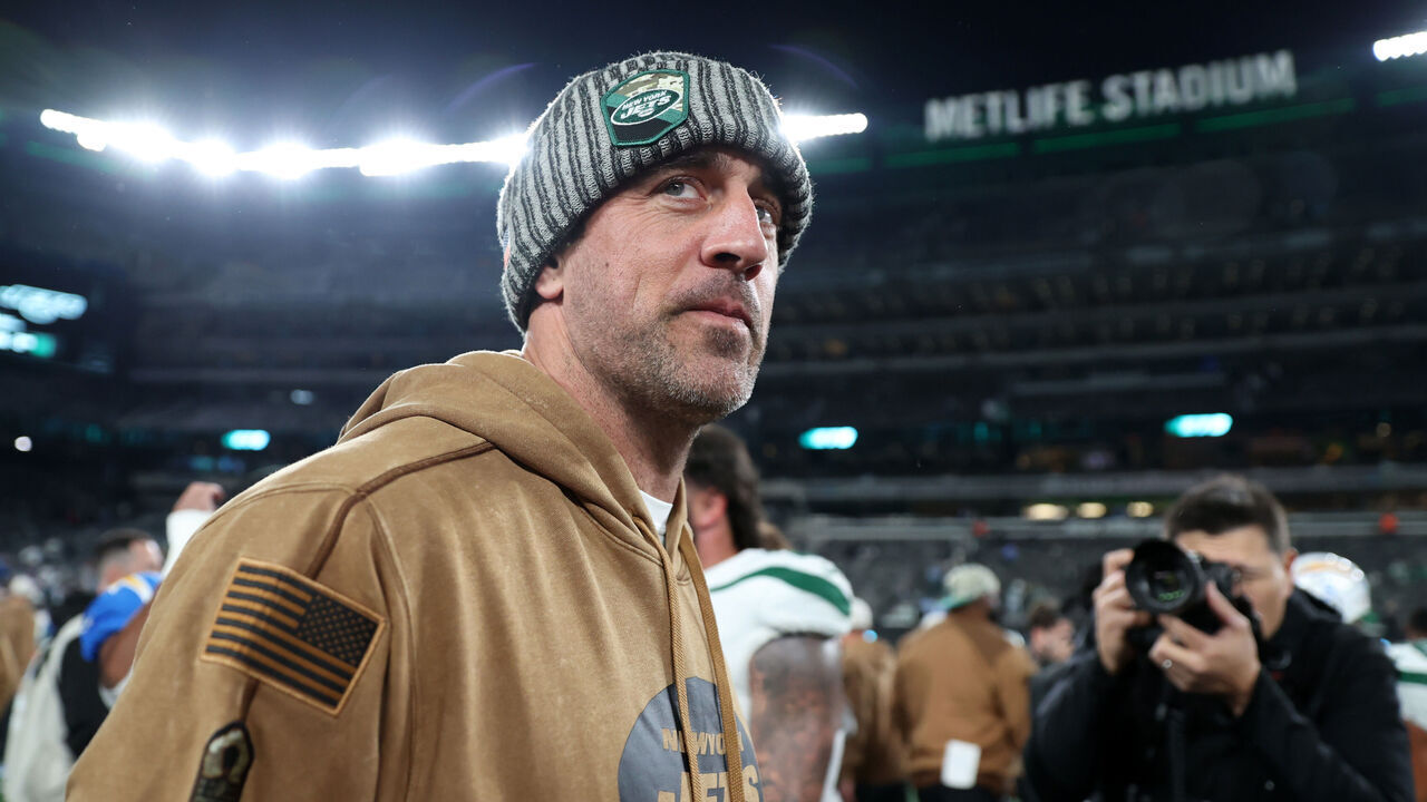 EAST RUTHERFORD, NEW JERSEY - NOVEMBER 06: Aaron Rodgers #8 of the New York Jets reacts on the field after the Los Angeles Chargers defeated the New York Jets 27-6 at MetLife Stadium on November 06, 2023 in East Rutherford, New Jersey.