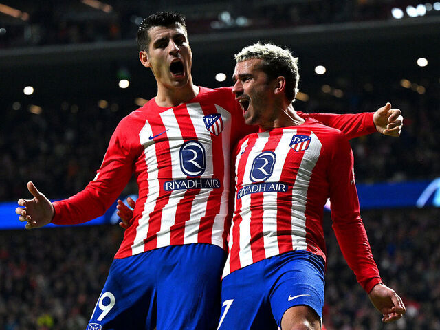 MADRID, SPAIN - NOVEMBER 07: Antoine Griezmann of Atletico Madrid celebrates with teammate Alvaro Morata after scoring the team's third goal during the UEFA Champions League match between Atletico Madrid and Celtic FC at Civitas Metropolitano Stadium on November 07, 2023 in Madrid, Spain.