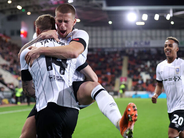 ROTHERHAM, ENGLAND - NOVEMBER 07: Jack Taylor of Ipswich Town celebrates with teammate Harry Clarke after scoring the team's second goal during the Sky Bet Championship match between Rotherham United and Ipswich Town at AESSEAL New York Stadium on November 07, 2023 in Rotherham, England.