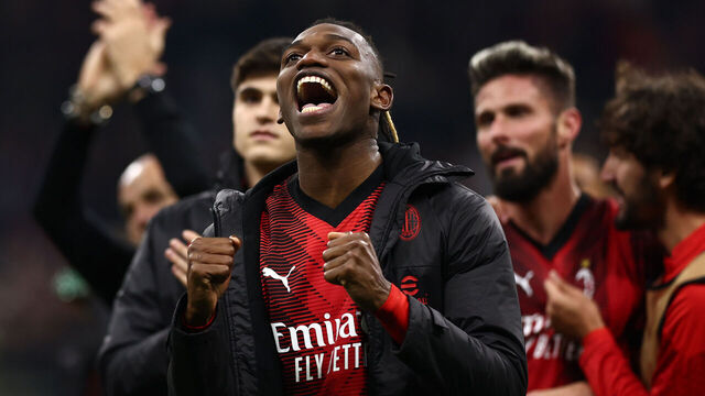 MILAN, ITALY - NOVEMBER 07: Rafael Leao of AC Milan celebrates following his sides victory in the UEFA Champions League match between AC Milan and Paris Saint-Germain at Stadio Giuseppe Meazza on November 07, 2023 in Milan, Italy.
