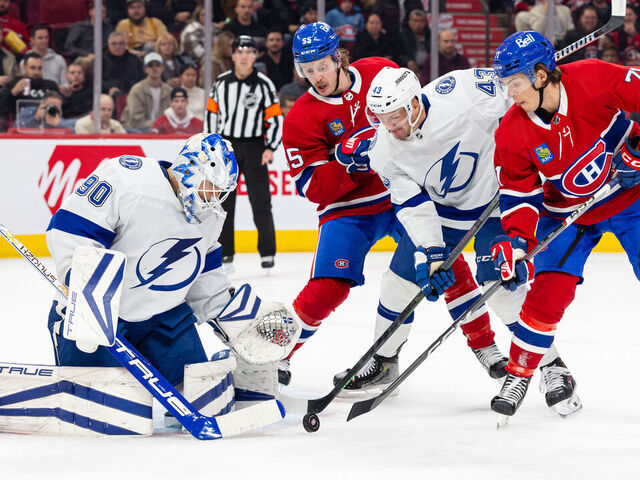 MONTREAL, CANADA - NOVEMBER 7: Matt Tomkins #90 of the Tampa Bay Lightning makes a save during the third period of the NHL regular season game against the Montreal Canadiens at the Bell Centre on November 7, 2023 in Montreal, Quebec, Canada.