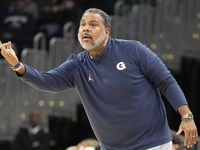 WASHINGTON, DC - NOVEMBER 07: Head coach Ed Cooley of the Georgetown Hoyas siganls to his players in the second half during a college basketball game against the Le Moyne Dolphins at Capital One Arena on November 7, 2023 in Washington, DC.