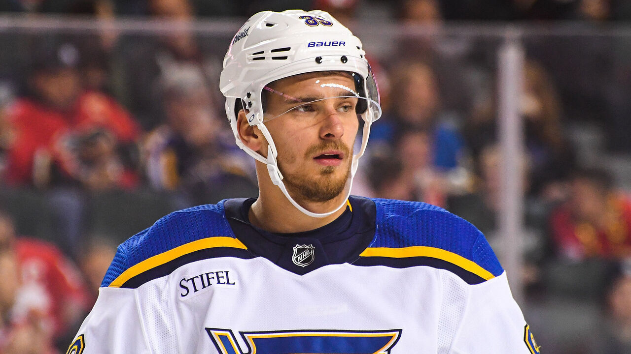 CALGARY, CANADA - OCTOBER 26: Pavel Buchnevich #89 of the St Louis Blues in action against the Calgary Flames during an NHL game at Scotiabank Saddledome on October 26, 2023 in Calgary, Alberta, Canada.