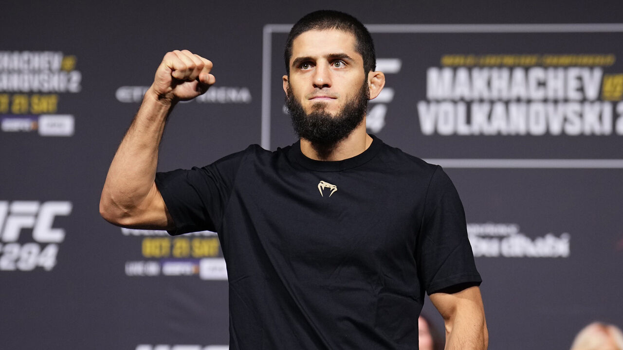 ABU DHABI, UNITED ARAB EMIRATES - OCTOBER 20: Islam Makhachev of Russia poses on the scale during the UFC 294 ceremonial weigh-in at Etihad Arena on October 20, 2023 in Abu Dhabi, United Arab Emirates.