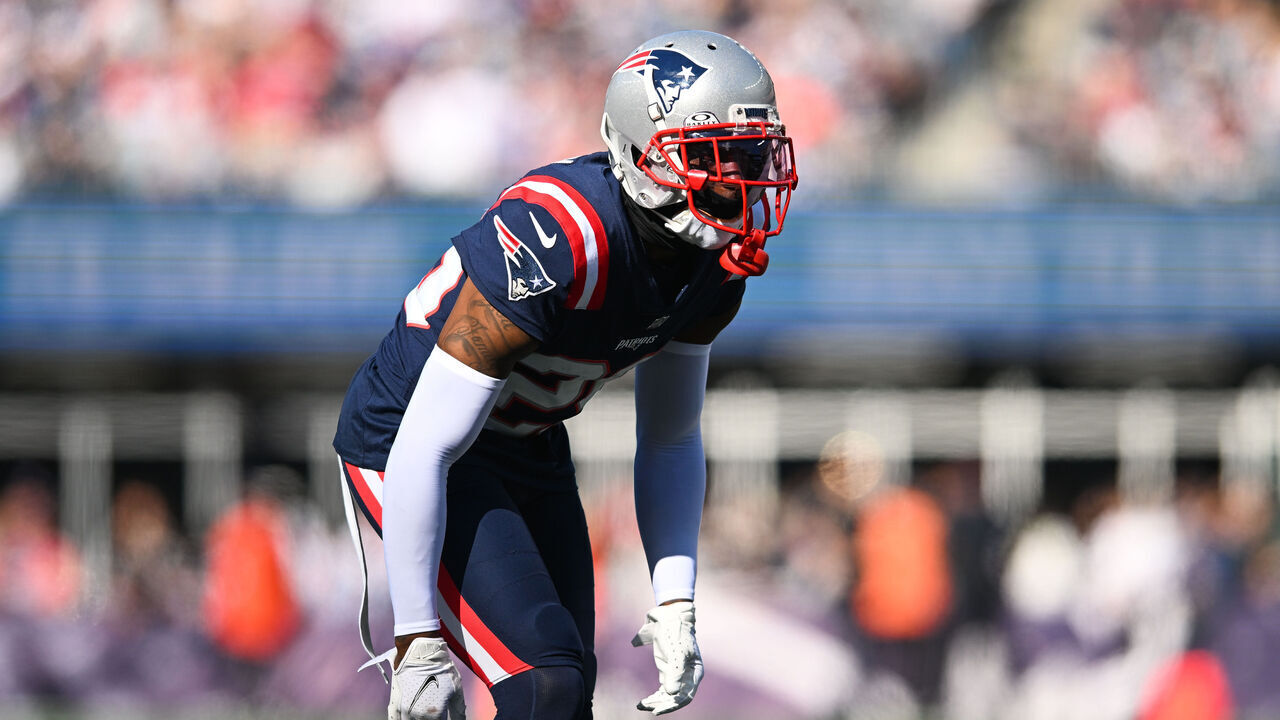 FOXBORO, MA - OCTOBER 8: J.C. Jackson #29 of the New England Patriots lines up before the snap during the second half against the New Orleans Saints at Gillette Stadium on October 8, 2023 in Foxboro, Massachusetts.