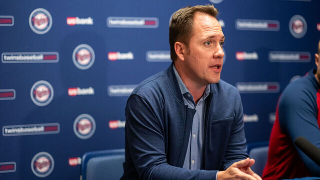 FORT MYERS, FL- MARCH 13: Derek Falvey of the Minnesota Twins speaks to the media on March 13, 2022 at the Hammond Stadium in Fort Myers, Florida.