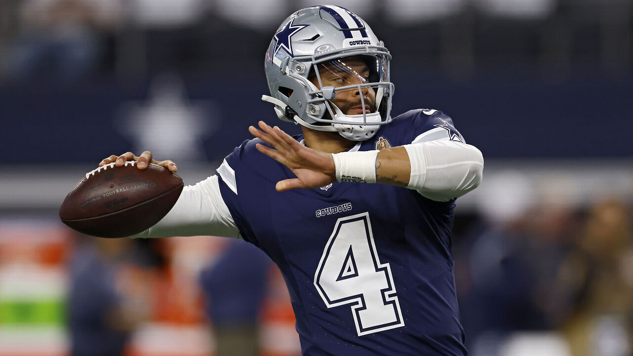 ARLINGTON, TEXAS - OCTOBER 29: Dak Prescott #4 of the Dallas Cowboys warms up prior to a game against the Los Angeles Rams at AT&T Stadium on October 29, 2023 in Arlington, Texas.