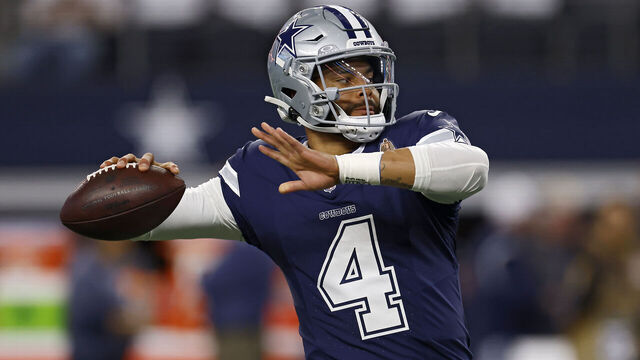 ARLINGTON, TEXAS - OCTOBER 29: Dak Prescott #4 of the Dallas Cowboys warms up prior to a game against the Los Angeles Rams at AT&T Stadium on October 29, 2023 in Arlington, Texas.