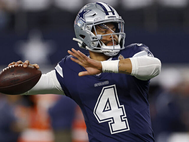 ARLINGTON, TEXAS - OCTOBER 29: Dak Prescott #4 of the Dallas Cowboys warms up prior to a game against the Los Angeles Rams at AT&T Stadium on October 29, 2023 in Arlington, Texas.