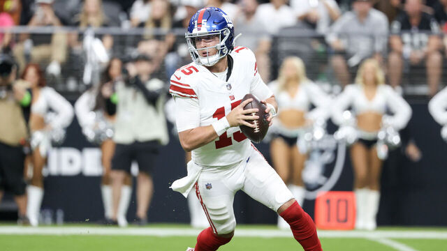 LAS VEGAS, NEVADA - NOVEMBER 05: Tommy DeVito #15 of the New York Giants attempts a pass during the second quarter against the Las Vegas Raiders during the second quarter at Allegiant Stadium on November 05, 2023 in Las Vegas, Nevada. Las Vegas won 30-6.