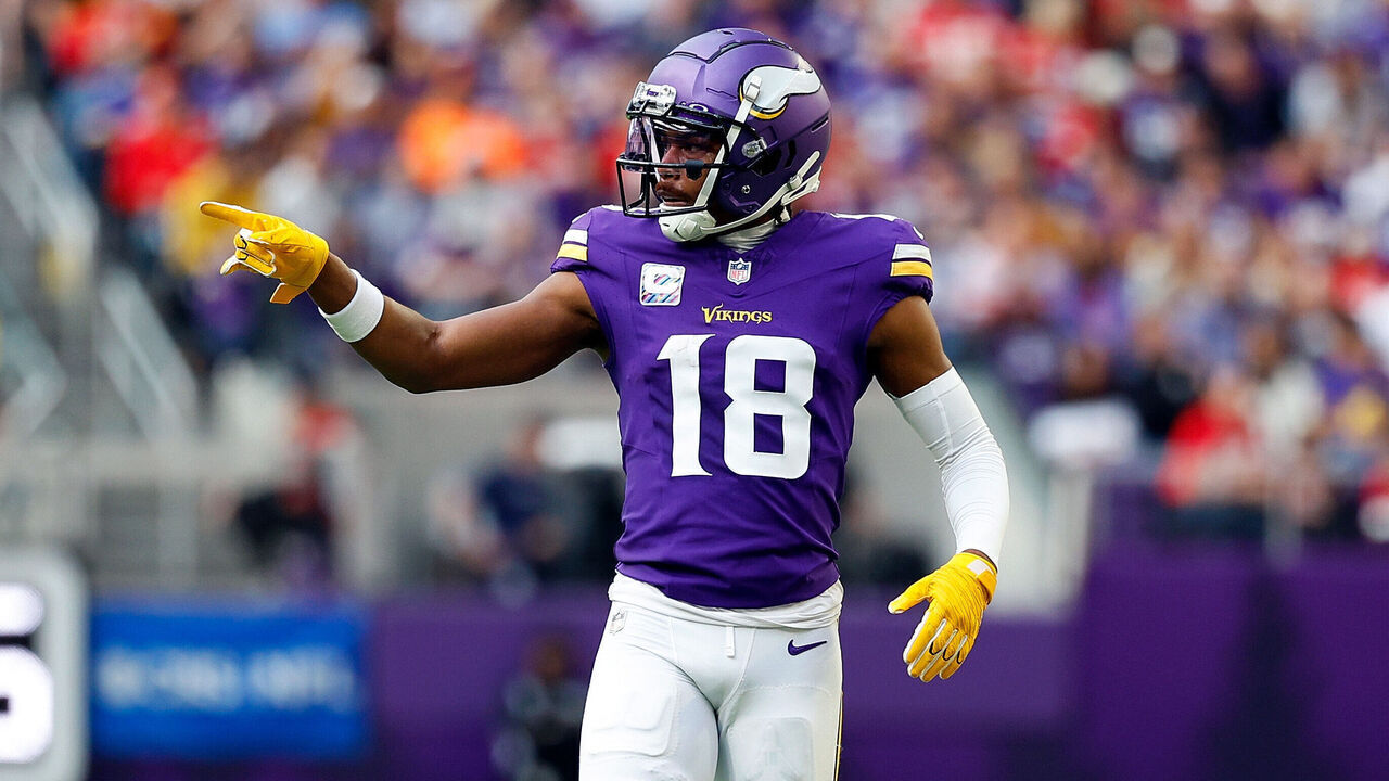 MINNEAPOLIS, MINNESOTA - OCTOBER 08: Justin Jefferson #18 of the Minnesota Vikings looks on against the Kansas City Chiefs in the first half at U.S. Bank Stadium on October 08, 2023 in Minneapolis, Minnesota. The Chiefs defeated the Vikings 27-20.