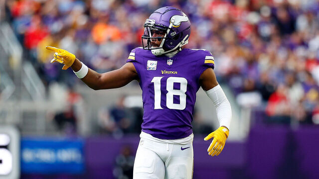 MINNEAPOLIS, MINNESOTA - OCTOBER 08: Justin Jefferson #18 of the Minnesota Vikings looks on against the Kansas City Chiefs in the first half at U.S. Bank Stadium on October 08, 2023 in Minneapolis, Minnesota. The Chiefs defeated the Vikings 27-20.
