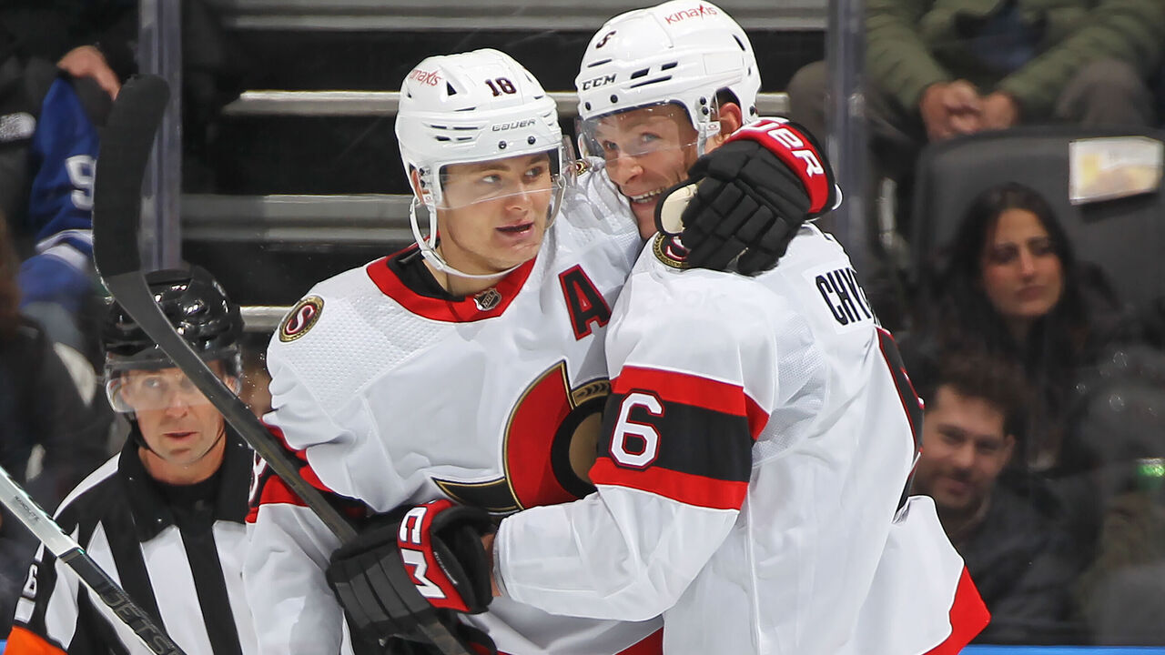 TORONTO, CANADA - NOVEMBER 8: Jakob Chychrun #6 of the Ottawa Senators celebrates a goal against the Toronto Maple Leafs during the second period of an NHL game at Scotiabank Arena on November 8, 2023 in Toronto, Ontario, Canada.
